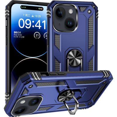 Mobigear Armor Ring - Coque Apple iPhone 15 Coque Arrière Rigide Antichoc + Anneau-Support - Bleu