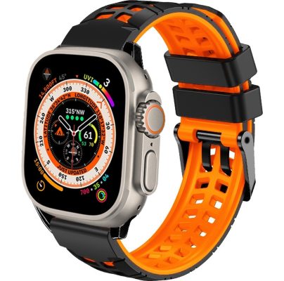 Mobigear Dual-row - Bracelet Apple Watch Series 8 (45mm) en Silicone Souple Fermetureà boucle - Noir / Orange