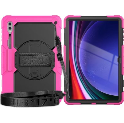 Mobigear SureGrip Xtreme - Coque Samsung Galaxy Tab S9 Ultra Coque Arrière Rigide Antichoc + Bandoulière + Support Amovible - Noir / Rose