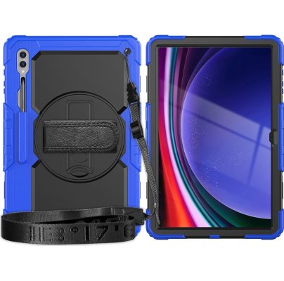 Mobigear SureGrip Xtreme - Coque Samsung Galaxy Tab S9 Ultra Coque Arrière Rigide Antichoc + Bandoulière + Support Amovible - Noir / Bleu