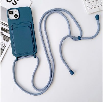 Mobigear Lanyard Card - Apple iPhone 15 Coque avec cordon en Silicone Souple + Porte Carte - Dark Blue