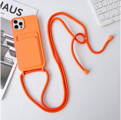 Mobigear Lanyard Card - Apple iPhone 15 Pro Max Coque avec cordon en Silicone Souple + Porte Carte - Orange