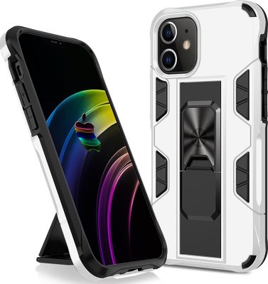 Mobigear Armor Stand - Coque Apple iPhone 12 Pro Coque Arrière Rigide Antichoc + Support Amovible - Blanc