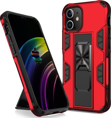 Mobigear Armor Stand - Coque Apple iPhone 12 Pro Coque Arrière Rigide Antichoc + Support Amovible - Rouge
