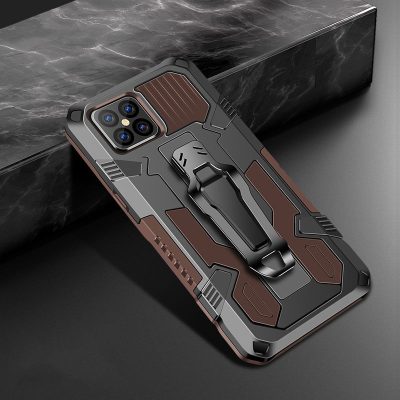 Mobigear Armor Stand - Coque Apple iPhone 12 Coque Arrière Rigide Antichoc + Support Amovible - Noir / Marron