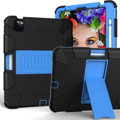 Mobigear ShieldStand - Coque Apple iPad Air 4 (2020) Coque Arrière Rigide Antichoc + Porte-crayon + Support Amovible - Noir / Bleu