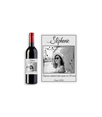 Étiquette bouteille de vin personnalisable avec photo - Modèle anniversaire noir et blanc