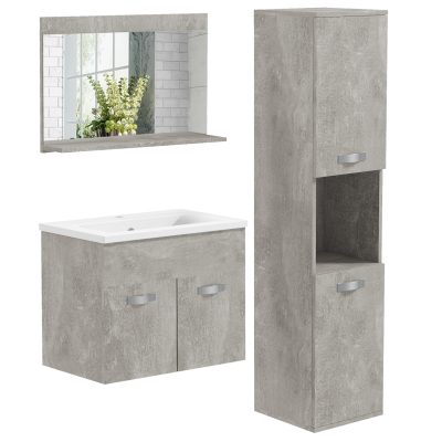 kleankin Ensemble de meubles de salle de bain armoire miroir + meuble sous lavabo suspendu avec bassin + meuble colonne naturel