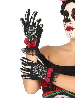 Gants courts squelette mexicain femme Dia de los muertos
