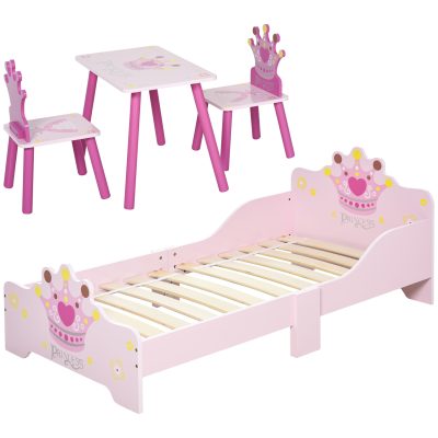 HOMCOM Lit Enfant et Ensemble table et chaises enfant - Design Princesse Motif Couronne - sommier à Lattes Inclus - Rose