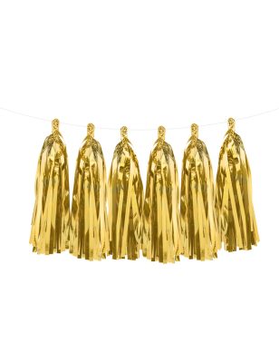 Guirlande tassel 12 pompons dorés métallisés 1.5m