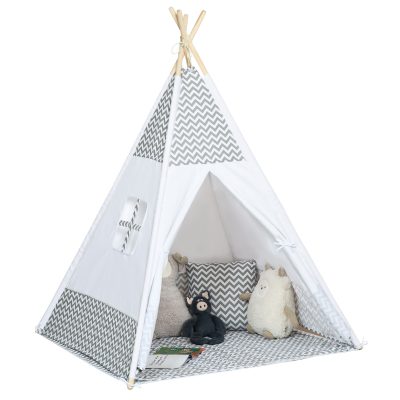 HOMCOM Tente tipi pour enfant avec tapis oreiller sac de transport tissu en coton polyester bois de pin 120 x 120 x 155 cm blanc