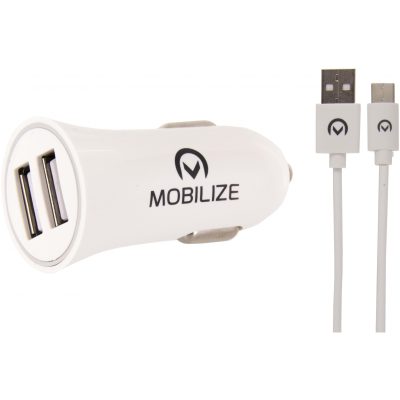 Mobilize - Double USB Chargeur voiture USB-C 1 mètre 12W 2.4A - Blanc