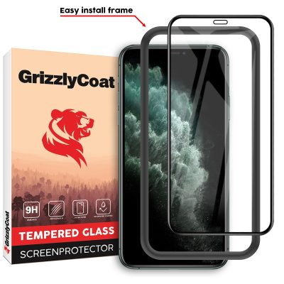 GrizzlyCoat Easy Fit - Apple iPhone 11 Pro Max Verre trempé Protection d'écran - Compatible Coque + Cadre d'installation - Noir