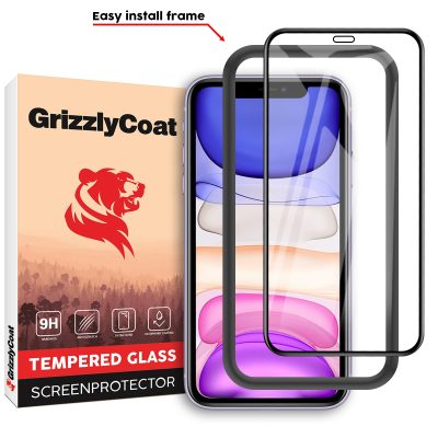 GrizzlyCoat Easy Fit - Apple iPhone 11 Verre trempé Protection d'écran - Compatible Coque + Cadre d'installation - Noir