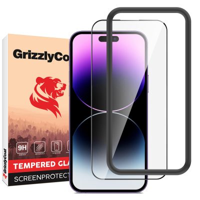 GrizzlyCoat Easy Fit - Apple iPhone 14 Pro Verre trempé Protection d'écran - Compatible Coque + Cadre d'installation