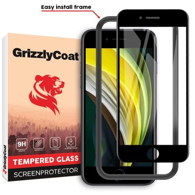 GrizzlyCoat Easy Fit - Apple iPhone 7 Verre trempé Protection d'écran - Compatible Coque + Cadre d'installation - Noir