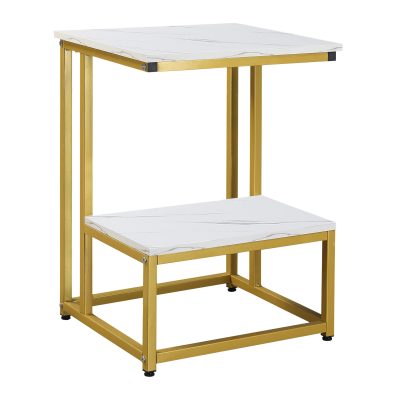 HOMCOM Table d'appoint style contemporain avec étagère bout de canapé table de chevet 2 niveaux acier blanc imitation marbre doré