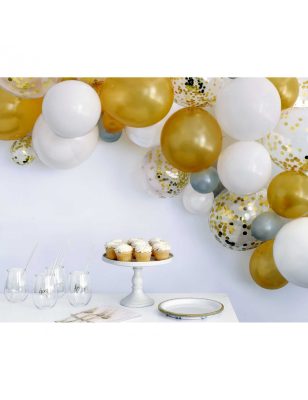 Kit arche de 40 ballons blanc et or avec confettis