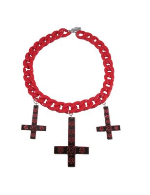 Collier chaîne rouge avec 3 pendentifs croix noires