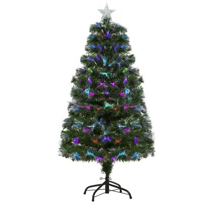 HOMCOM Sapin de Noël sapin artificiel lumineux fibre optique LED multicolore + support pied Ø 66 x 120H cm 130 branches étoile sommet brillante vert