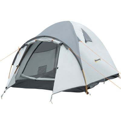 Outsunny Tente de camping 3-4 personnes imperméable fenêtres à mailles double couche portable 350 x 150 x 128 cm gris    Aosom France