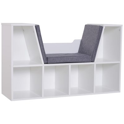HOMCOM Bibliothèque meuble de rangement 2 en 1 Design Contemporain 6 casiers 3 Coussins fournis 102L x 30l x 61H cm Blanc Gris chiné