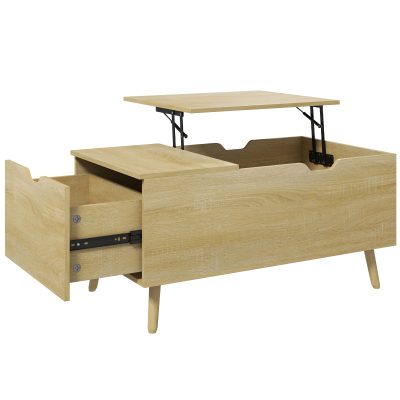 HOMCOM Table basse avec plateau relevable table de salon avec 1 grand tiroir cadre en acier 98 x 54 x 48 cm naturel