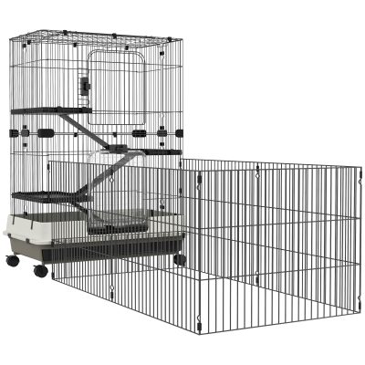 PawHut Cage pour petits animaux roulante 3 plates-formes démontables 3 rampes plateau inférieur amovible métal PP noir