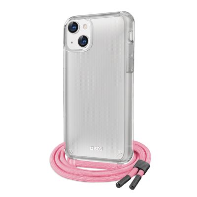SBS Neck Strap - Apple iPhone 13 Coque avec cordon en TPU Souple - Transparent / Rose