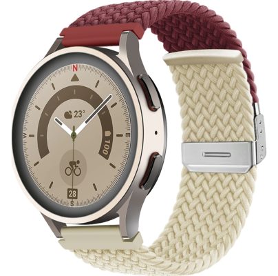 Mobigear Braided - Bracelet Samsung Galaxy Watch 4 Classic (46mm) en Nylon Fermeture de la pince - Blanc / Rouge