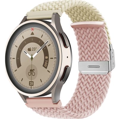 Mobigear Braided - Bracelet Samsung Galaxy Watch 5 (40mm) en Nylon Fermeture de la pince - Blanc / Rose