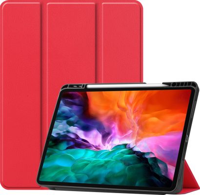 Mobigear Tri-Fold Gel - Coque Apple iPad Pro 12.9 (2021) Etui + Porte-crayon - Rouge