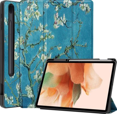 Mobigear Tri-Fold Gel - Coque Samsung Galaxy Tab S7 FE Etui + Porte-crayon - Fleurs d'amande