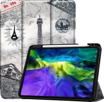Mobigear Tri-Fold Gel - Coque Apple iPad Pro 11 (2018) Etui + Porte-crayon - tour Eiffel