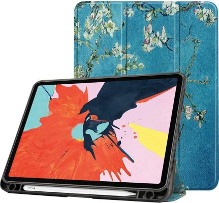Mobigear Tri-Fold Gel - Coque Apple iPad Air 5 (2022) Etui + Porte-crayon - Fleurs d'amande