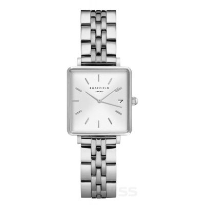 Montre Rosefield QMWSS-Q020 - Boîtier métal brillant cadran blanc avec dateur bracelet acier Femme