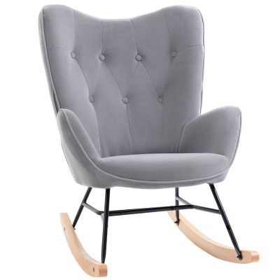 HOMCOM Fauteuil à bascule chaise bascule design rétro à oreilles style vintage haute densité aspect velours pieds   Aosom France