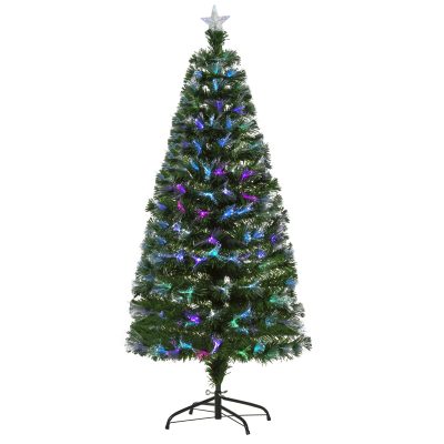 HOMCOM Sapin de Noël artificiel lumineux fibre optique LED multicolore + support pied Ø 74 x 150H cm 180 branches étoile sommet brillante vert