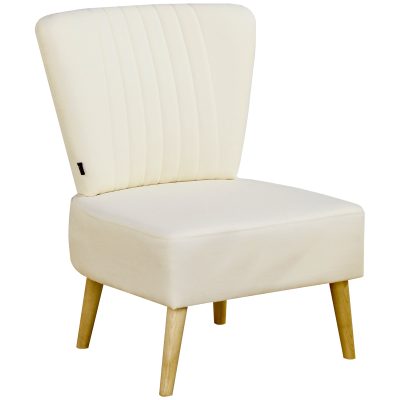 HOMCOM Fauteuil lounge relax chaise de salon design scandinave pieds effilés bois massif bouleau revêtement tissu polyester aspect lin beige