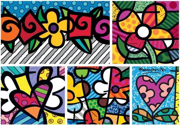 Puzzle Romero Britto - Collage: Hearts and Flowers Bluebird Puzzle