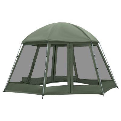 Outsunny Tente de camping randonnée hexagonale pour 6 à 8 personnes avec sac de transport et piquets de sol dim. 493L x 493L x 240H cm vert foncé