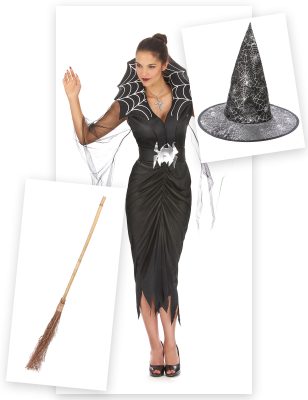 Pack déguisement sorcière araignée femme avec balai et chapeau Halloween