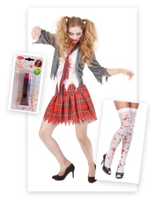 Pack déguisement zombie écolière avec faux sang et bas Halloween