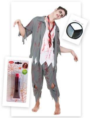 Pack déguisement zombie homme avec faux sang et maquillage Halloween