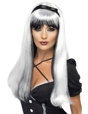 Perruque blanche et noire avec noeud noir femme