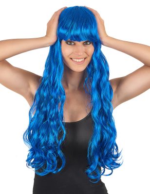 Perruque longue ondulée bleue avec frange femme