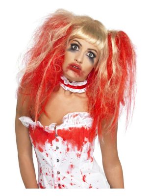 Perruque poupée blonde sanglante coiffée femme Halloween