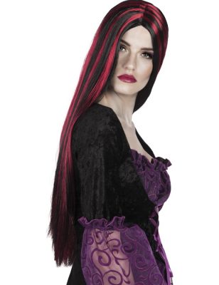 Perruque longue rouge et noire femme Halloween
