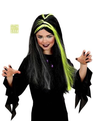 Perruque sorcière noire et blanche phosphorescente fille Halloween